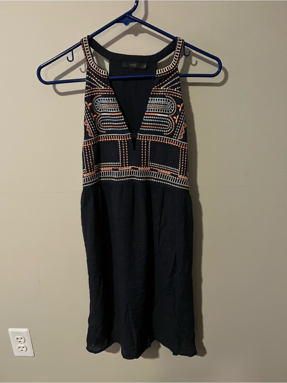 THML Navy Midi Dress with Cream & Tan Embroidered Bodice